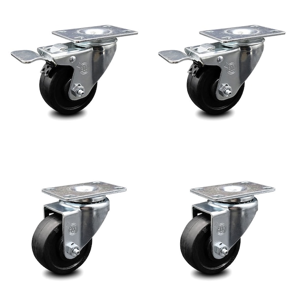 3 Inch Soft Rubber Wheel Swivel Top Plate Caster Total Lock Brakes SCC, 2PK